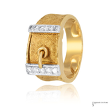 14K Yellow Gold Diamond Buckle Ring 0.25 CTW Natural Diamonds, Size 6.3, Vintage Textured Statement Ring