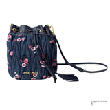 Authentic Miu Miu Denim Floral Bucket Shoulder Bag with Leather Trim – Designer Crossbody Handbag