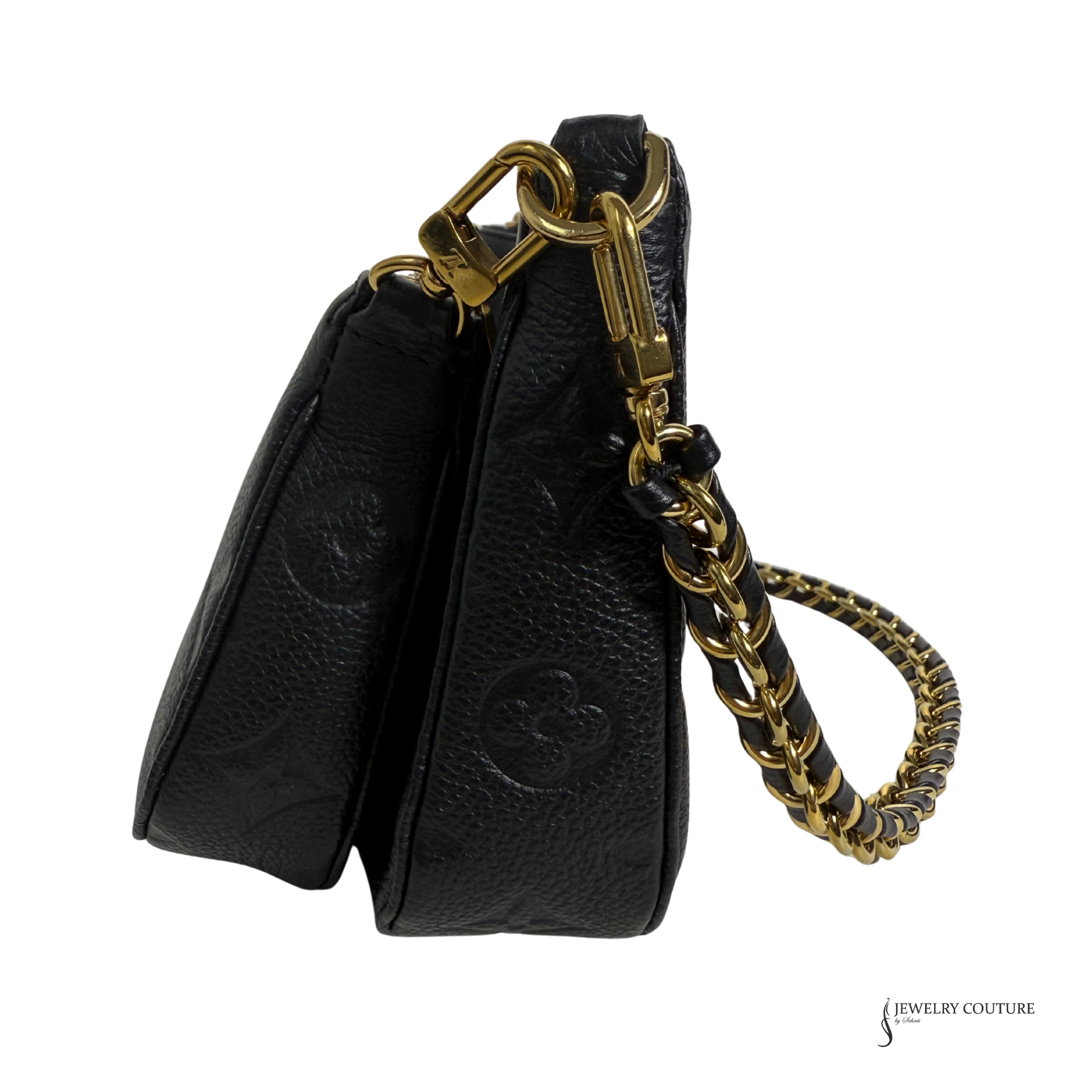 Black leather pouch with gold chain on a white background