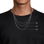 Silver chain necklace displayed on a person wearing a black shirt with measurements indicated.