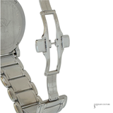 Close-up of a stainless steel watch band clasp and links, showing the metal construction and engraved details on a white background.