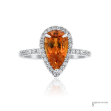 14K White Gold Pear Orange Sapphire Diamond Halo Ring