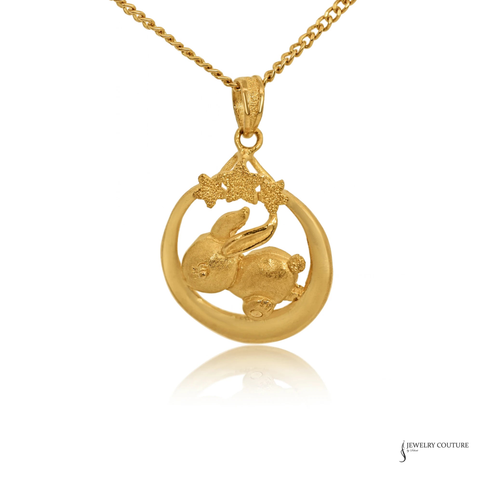 24K gold rabbit and crescent moon pendant on a 24K gold curb chain, front view