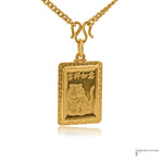 24K gold Chinese zodiac Tiger pendant with good fortune characters and key-pattern border on a 24K gold chain, front view