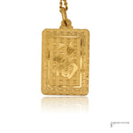 Back of 24K gold zodiac pendant with the Chinese character Fu for good fortune and 9999 purity stamp