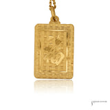 Back of 24K gold zodiac pendant with the Chinese character Fu for good fortune and 9999 purity stamp