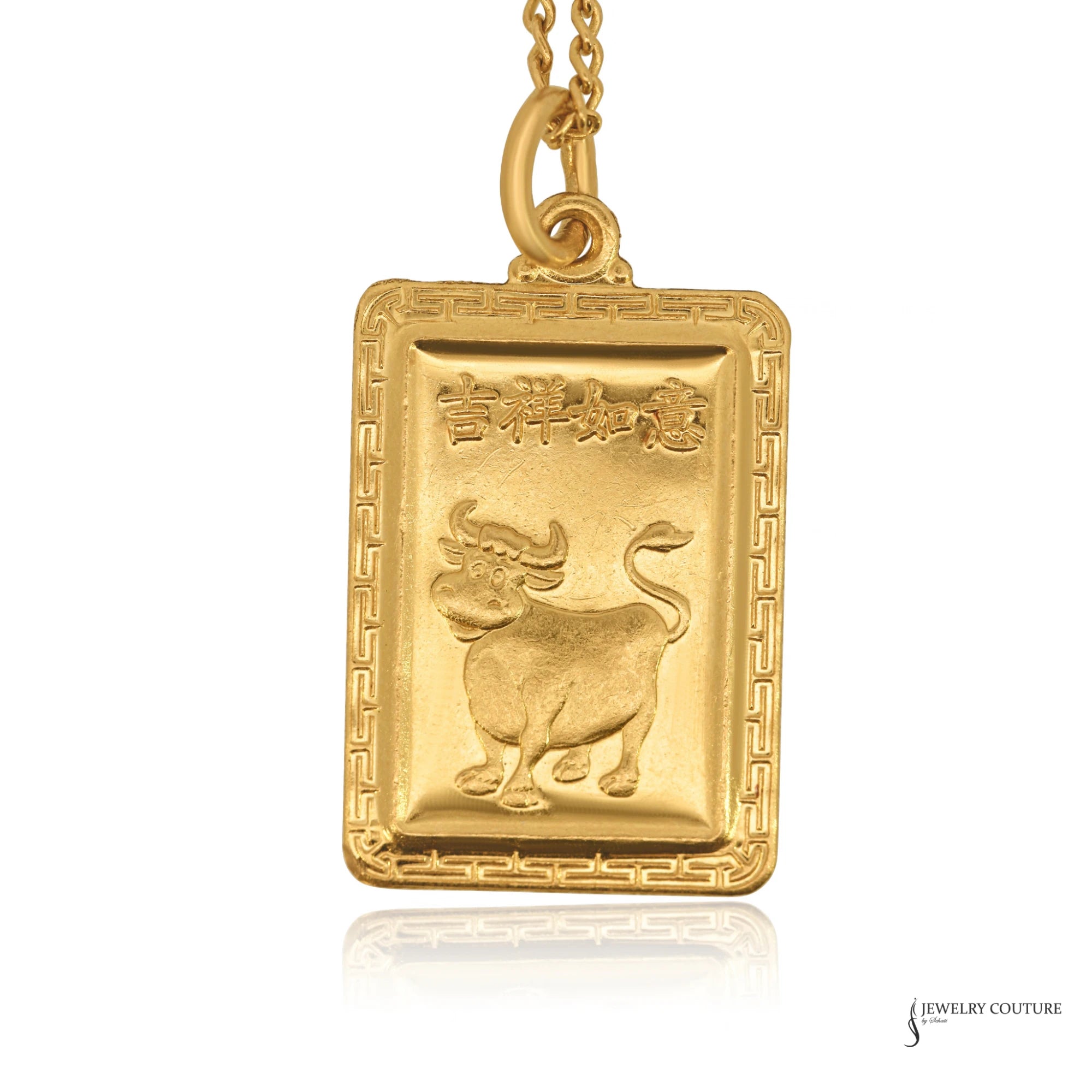 24K gold Chinese zodiac Ox pendant necklace with good fortune characters and key-pattern border, front view