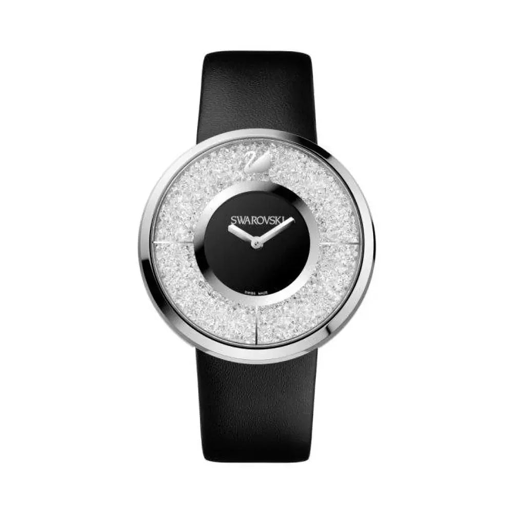 Swarovski watch with black strap and crystal-encrusted face on a white background