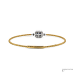 A yellow gold box chain bracelet with a central silver-toned geometric charm featuring blue and white accents, displayed on a clean white background.