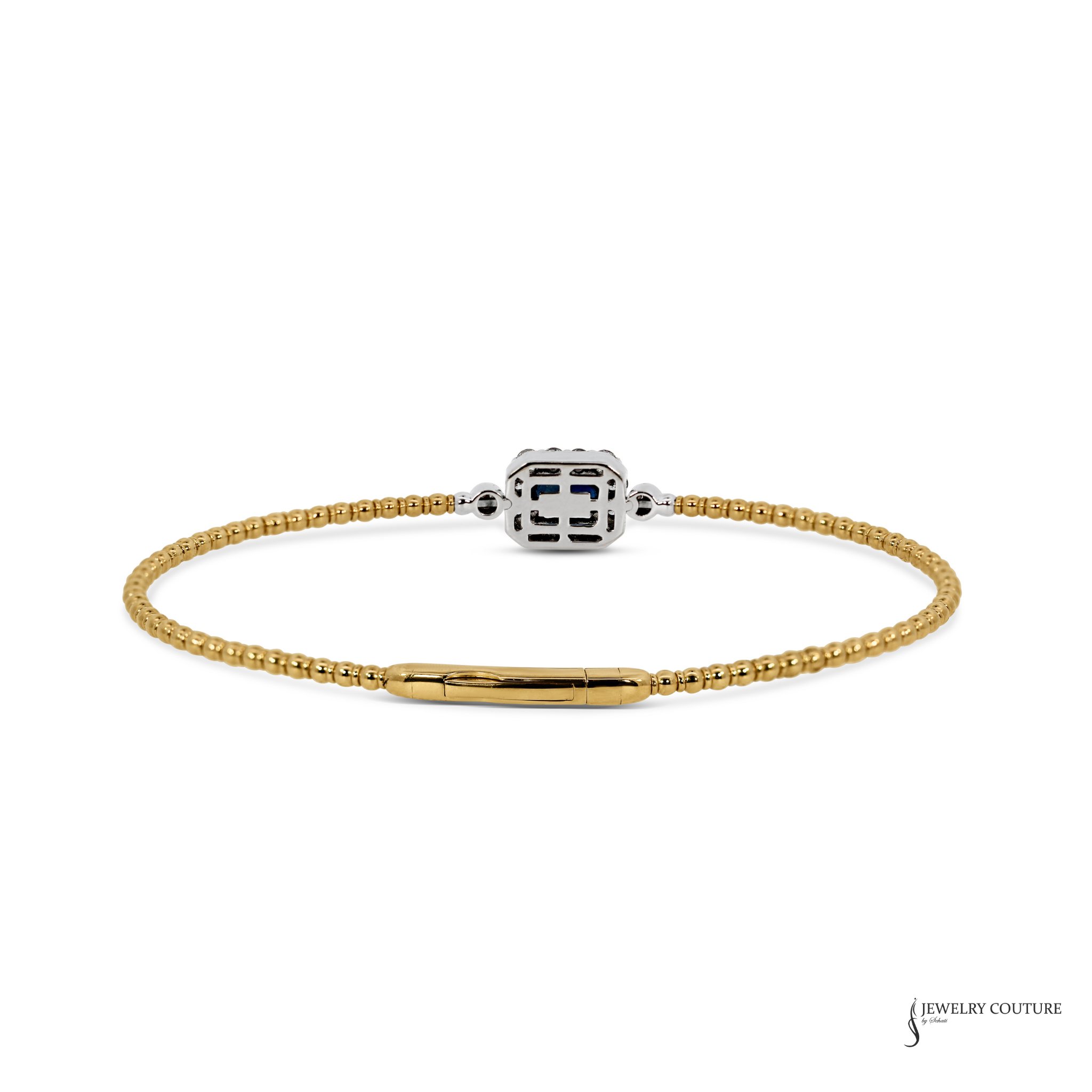 A yellow gold box chain bracelet with a central silver-toned geometric charm featuring blue and white accents, displayed on a clean white background.