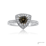 A triangular halo ring featuring a central brown alexandrite gemstone surrounded by a double halo of small clear stones, set on a silver-colored pavé band, shown on a white background with a reflection.