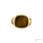 A gold signet ring featuring a cushion-cut brown tiger's eye stone, set against a plain white background.