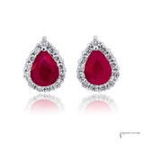 14K White Gold Pear Shape Ruby & Diamond Halo Stud Earrings