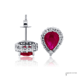 14K White Gold Pear Shape Ruby & Diamond Halo Stud Earrings