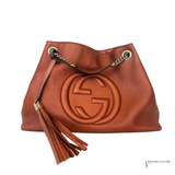 Gucci Pebbled Calfskin Medium Soho Chain Shoulder Bag Burnt Orange Copper Metallic Leather Handbag Pre-Owned