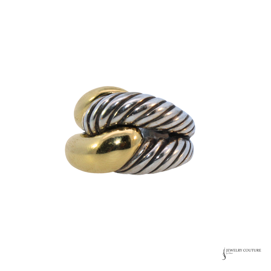 A two-tone David Yvon signature cable ring featuring polished yellow gold and oxidized silver twisted cable detailing, shown on a plain white background.