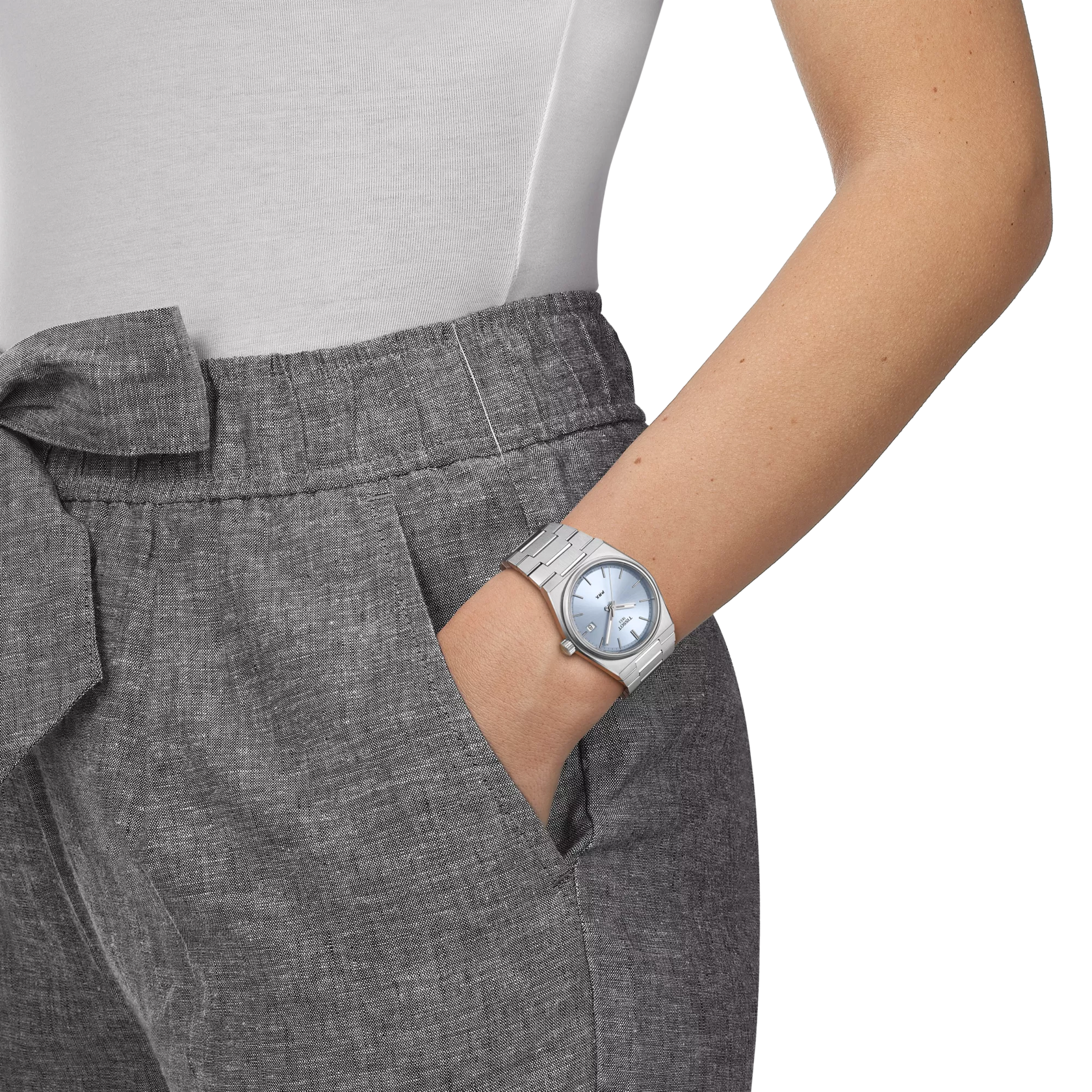 Tissot PRX 35mm light blue dial on the wrist
