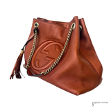 Gucci Pebbled Calfskin Medium Soho Chain Shoulder Bag Burnt Orange Copper Metallic Leather Handbag Pre-Owned