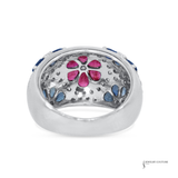 14K White Gold Ruby, Sapphire & Diamond Flower Ring – 0.75 CTW Diamond Multi Gemstone Floral Ring | Luxury Fine Jewelry | Size 8