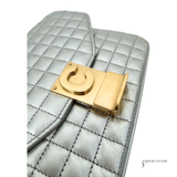Celine Silver Quilted C Bag – Pre-Owned Calfskin Leather Shoulder Bag with Gold Chain | Authentic Designer Handbag | Luxury Celine Crossbody Purse