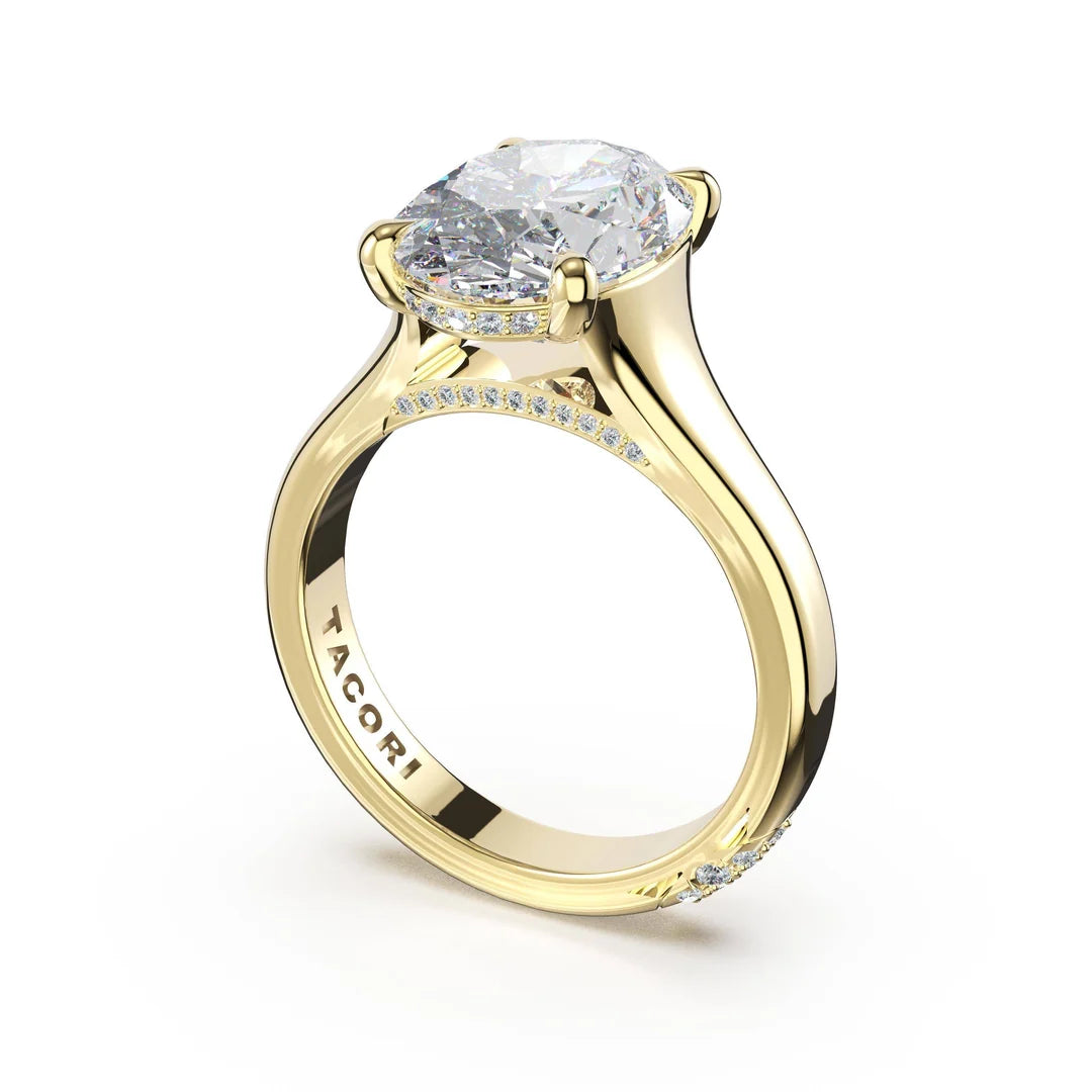 Tacori 4283OV oval wide band solitaire engagement ring in 14K yellow gold, angled view