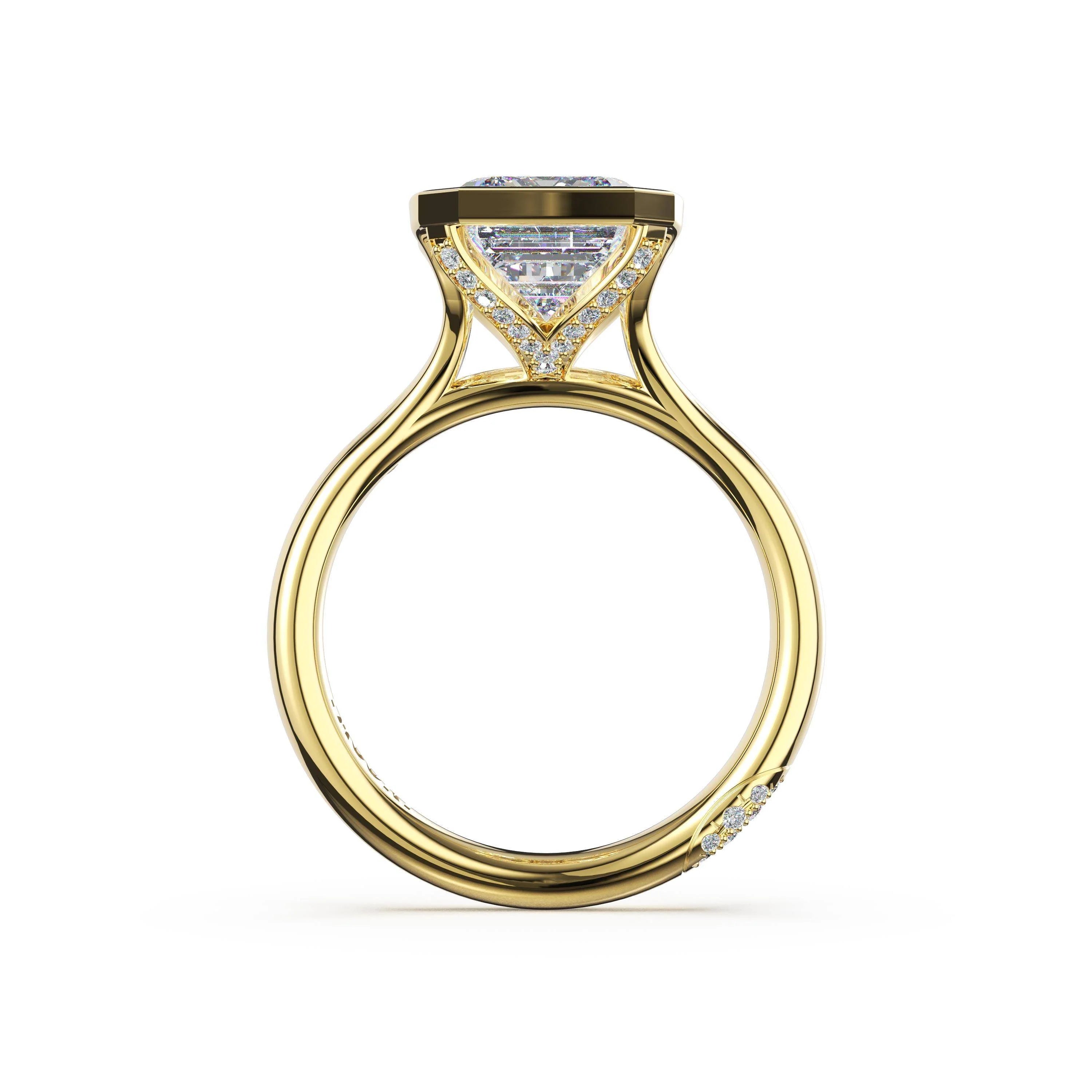 Tacori 435EC radiant cut semi-bezel pavé-prong engagement ring in 14K yellow gold, side profile view