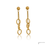 A pair of gold dangle earrings featuring a textured circular stud, a short chain, and three interlocking oval links, displayed on a clean white background with a subtle reflection.