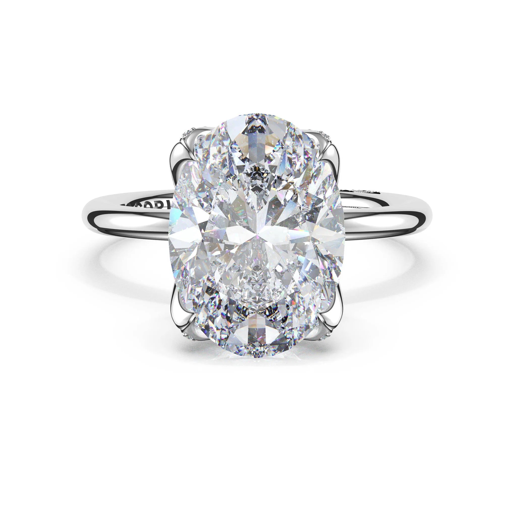 Tacori 446OV Sculpted Crescent oval solitaire engagement ring with petal pavé prongs in platinum, front view