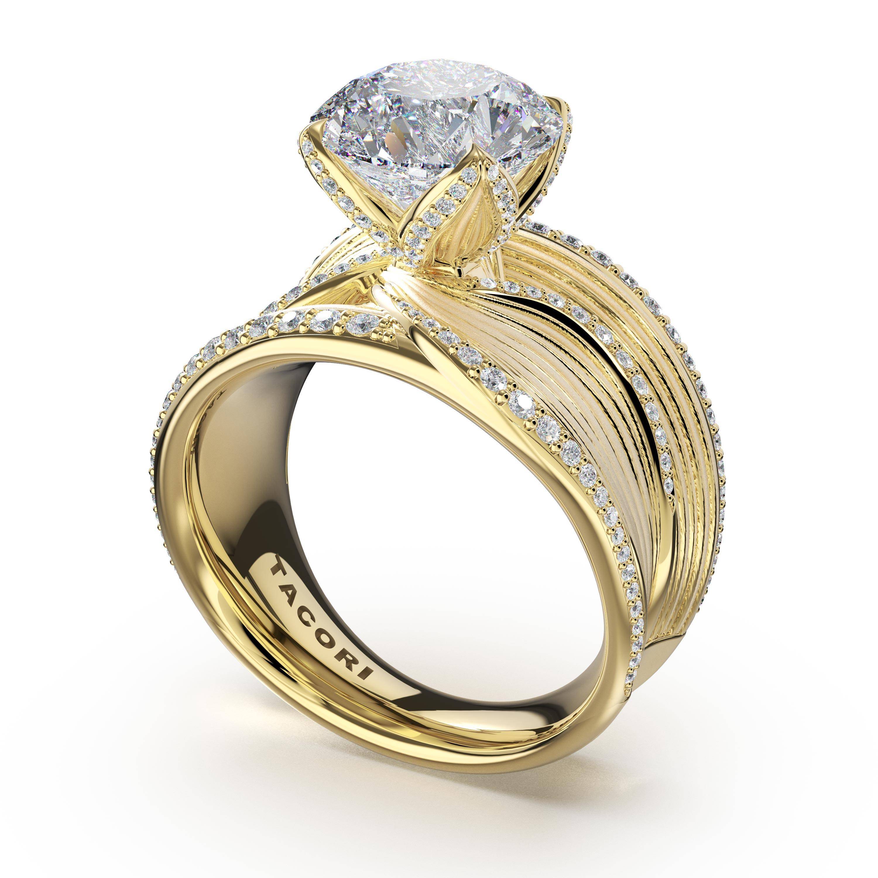 Tacori 448RD Sculpted Crescent dahlia double-petal pave round engagement ring in 18K yellow gold