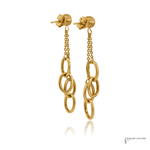 A pair of gold dangle earrings featuring a textured post, a short chain link, and three larger interlocking oval rings hanging below, shown on a white background with a faint reflection.