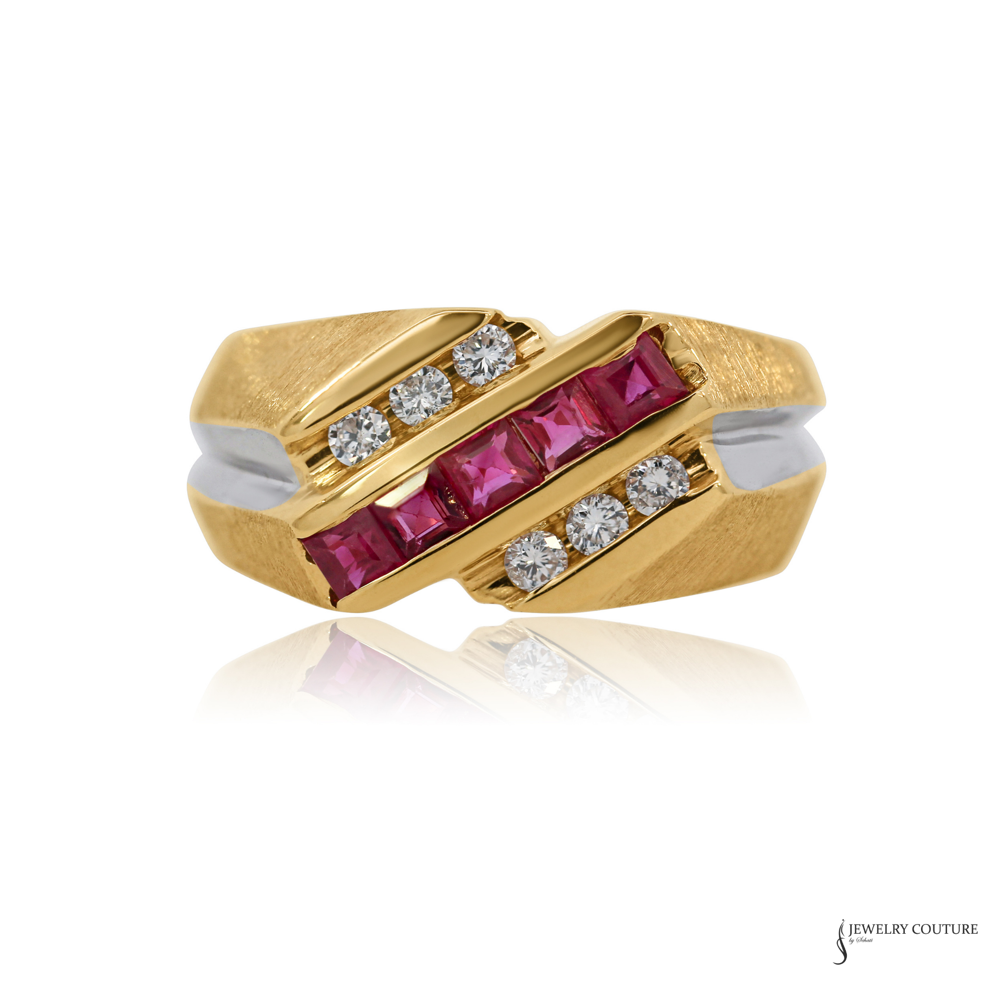A yellow gold ring with a twisted, geometric design featuring a central channel of baguette-cut pink rubies and small round-cut clear diamonds on each side, shown on a white background with a soft reflection.