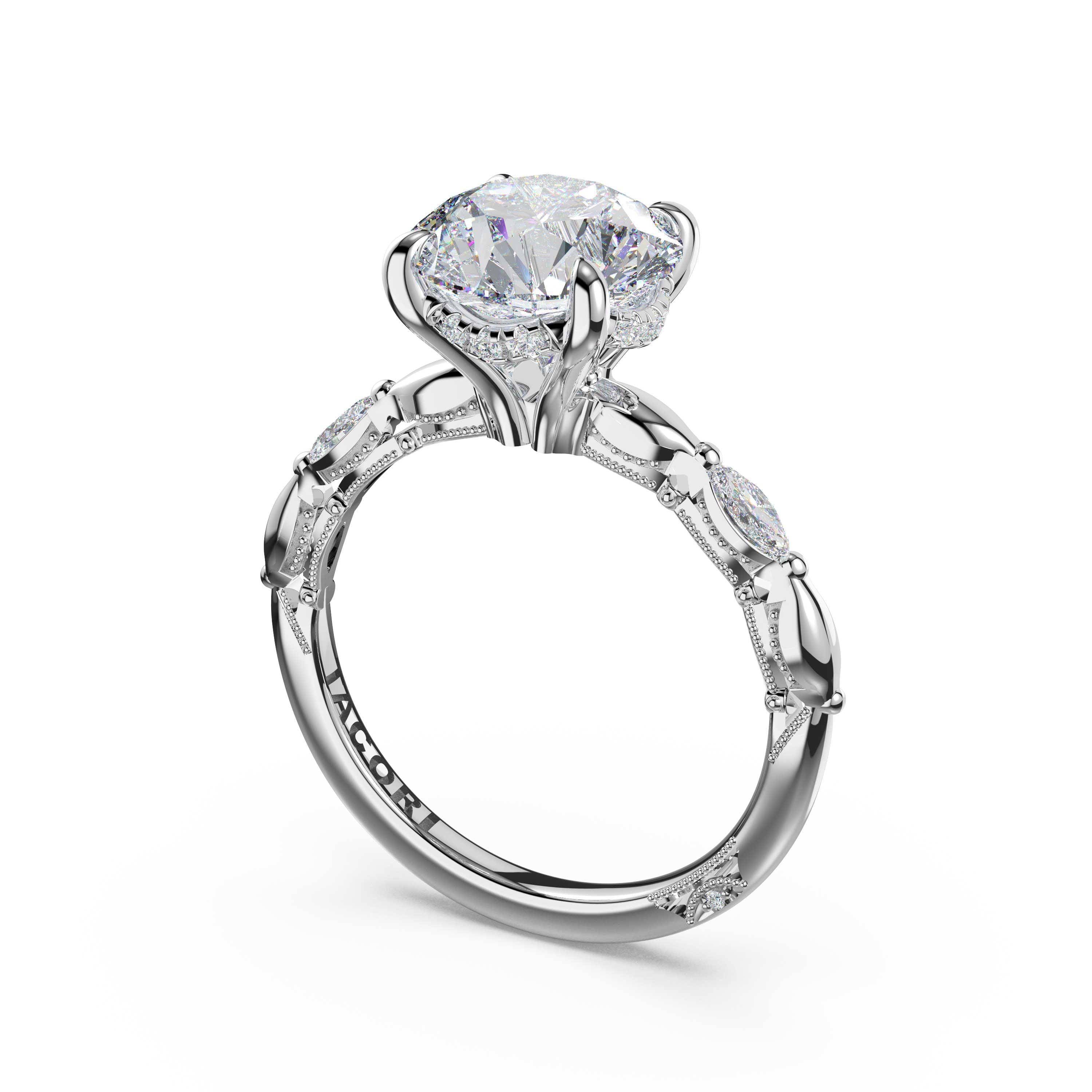 Tacori 464RD Sculpted Crescent marquise pattern round solitaire engagement ring in 14K white gold