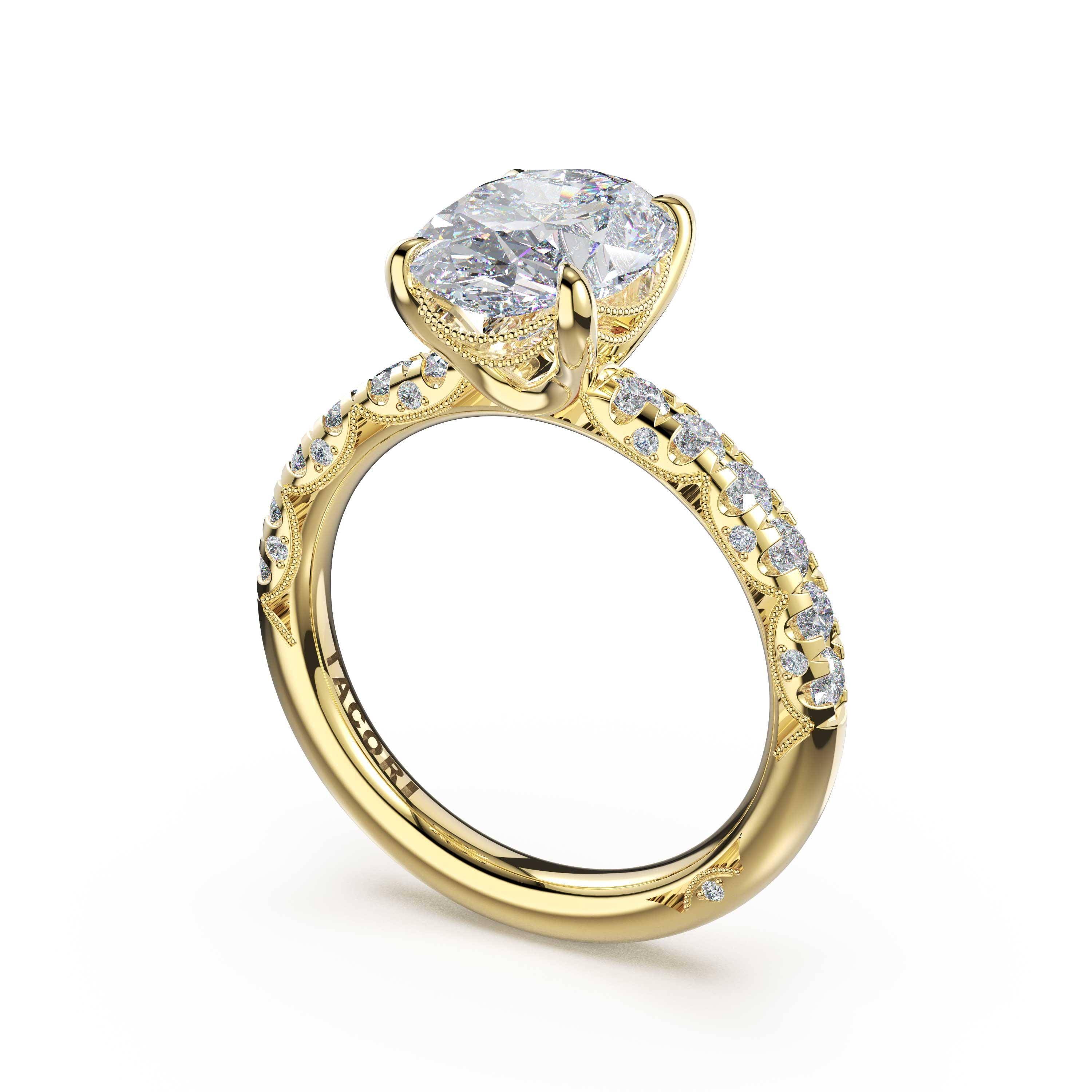 Tacori 468OV half-pave oval solitaire in 14K yellow gold, 2.5mm band