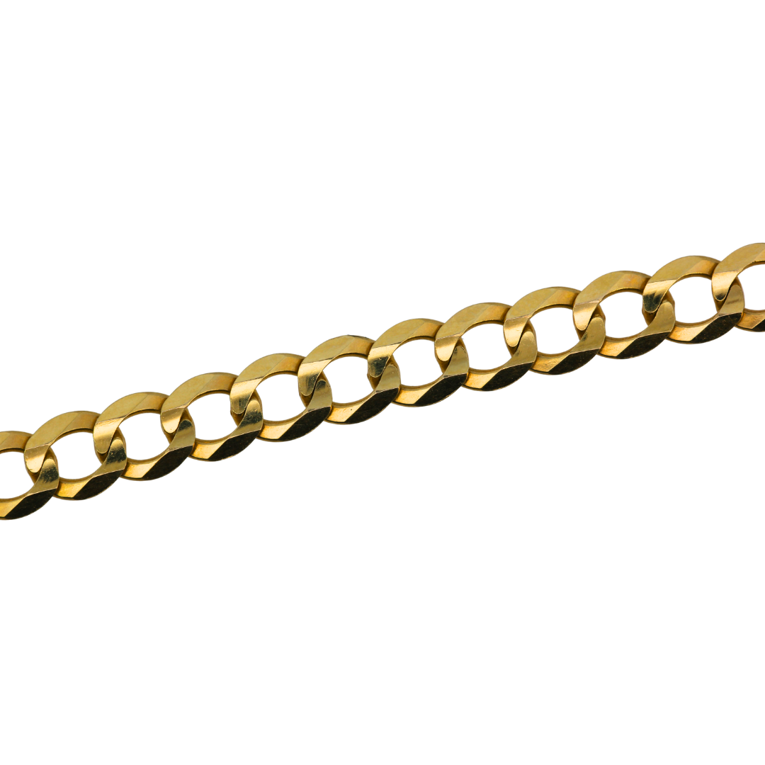 A close-up of a polished gold Cuban link chain running diagonally across a plain white background.
