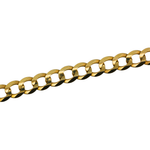 A close-up of a polished gold Cuban link chain running diagonally across a plain white background.