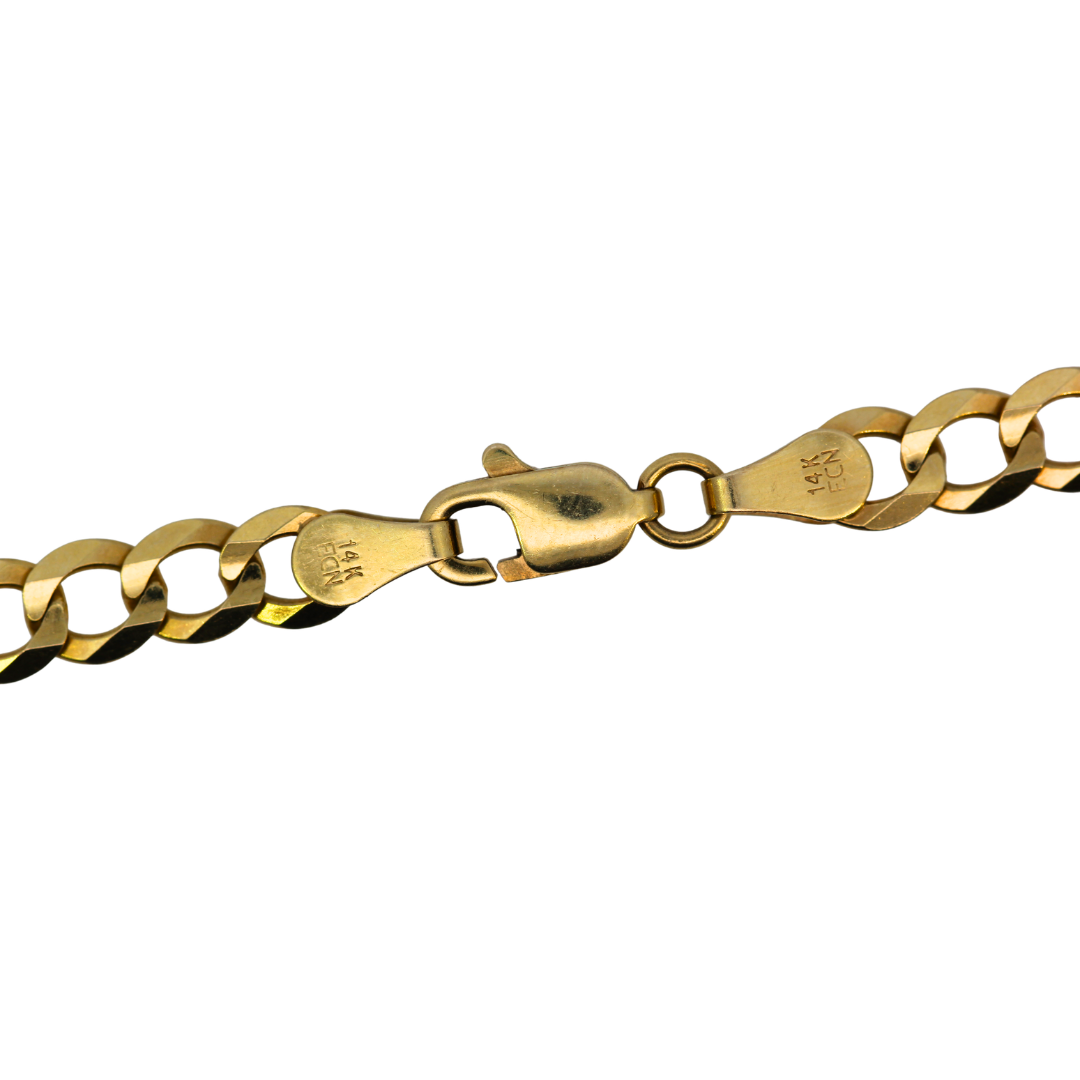 Close-up of a gold Cuban link chain bracelet showing the lobster clasp and engraved 14k purity stamp on a white background.