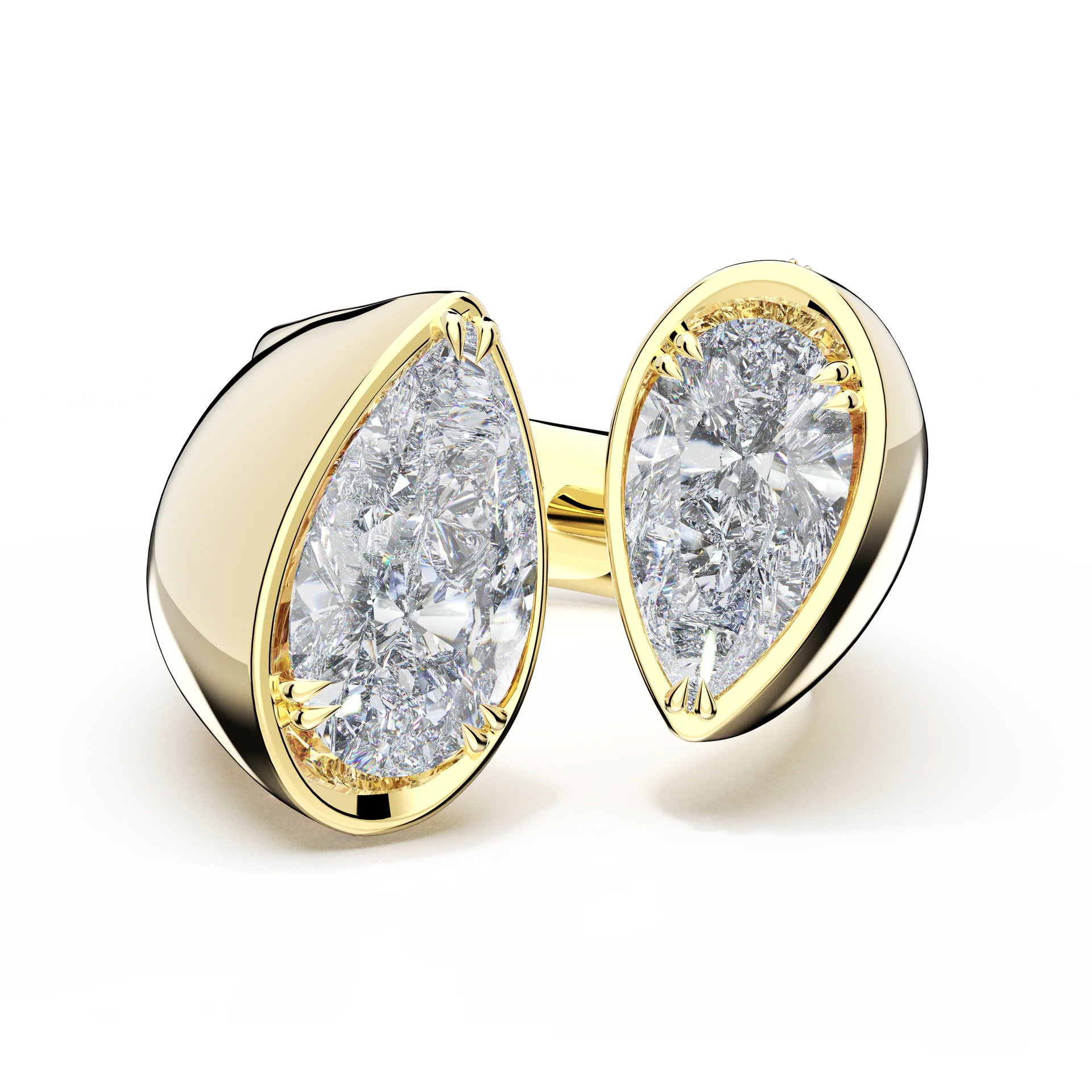 Tacori Reverie Forma pear toi et moi ring with two bezel-set pear diamonds in 18K yellow gold, front view