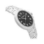 A Radiogolf Swiss stainless steel watch with a black dial, silver-tone Roman numerals, and a matching steel link bracelet, shown on a plain white background.