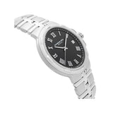 A Radiogolf Swiss stainless steel watch with a black dial, silver-tone Roman numerals, and a matching steel link bracelet, shown on a plain white background.