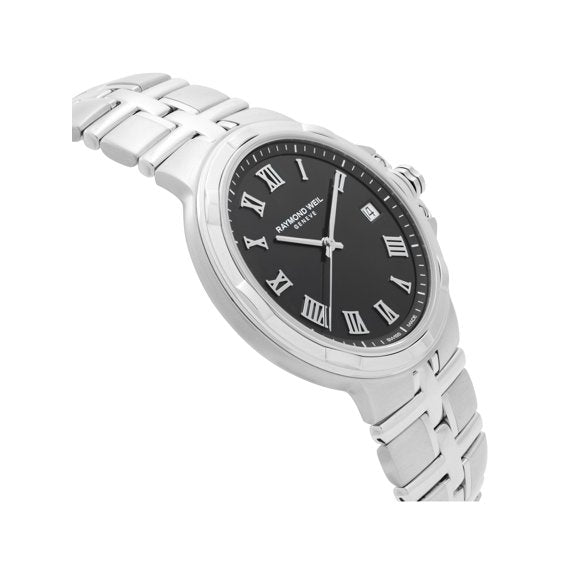 A Radiogolf Swiss stainless steel watch with a black dial, silver-tone Roman numerals, and a matching steel link bracelet, shown on a plain white background.