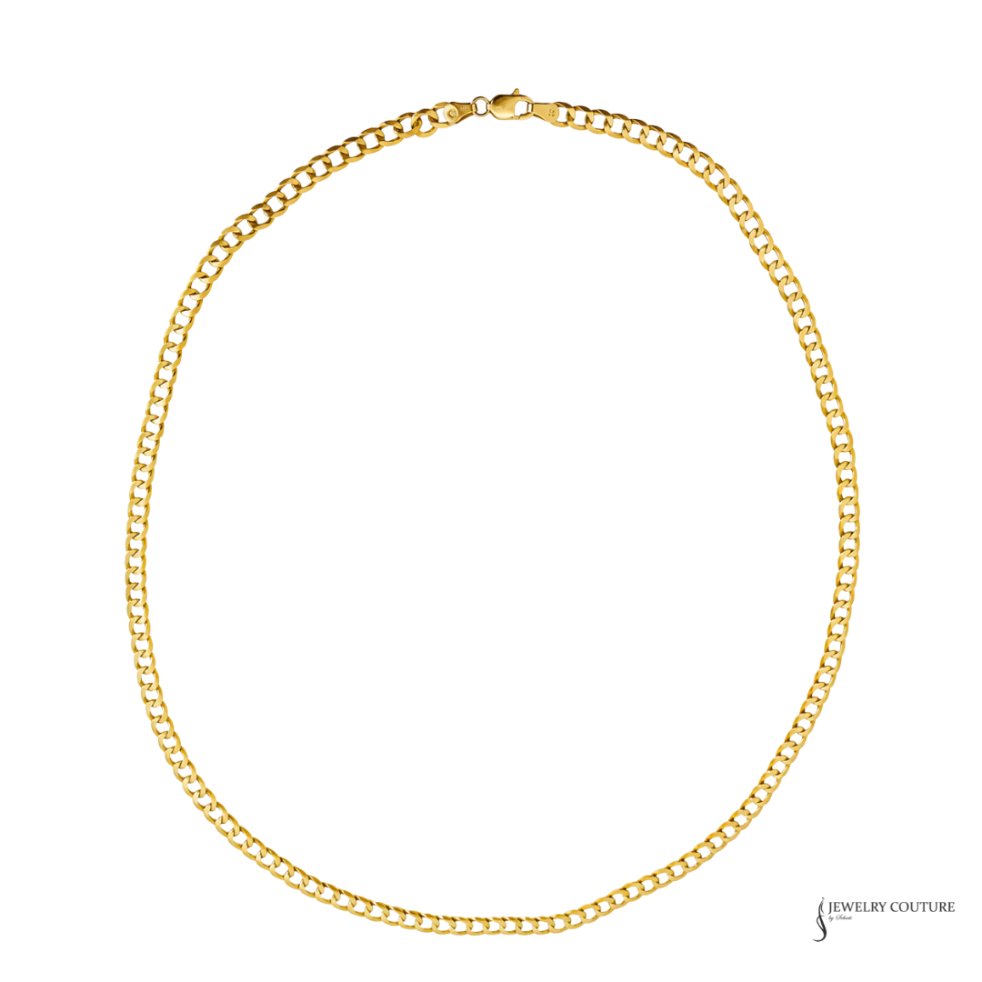 A gold chain necklace with a curb link design and a lobster clasp, displayed on a clean white background with a Jewelry Couture logo in the bottom right corner.