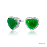 14K White Gold Heart Jade & Diamond Halo Stud Earrings