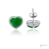 14K White Gold Heart Jade & Diamond Halo Stud Earrings