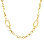 A gold chain necklace featuring alternating smooth oval links and twisted rope-style oval links, displayed on a solid white background.