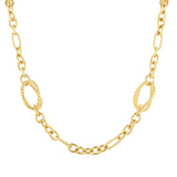 A gold chain necklace featuring alternating smooth oval links and twisted rope-style oval links, displayed on a solid white background.
