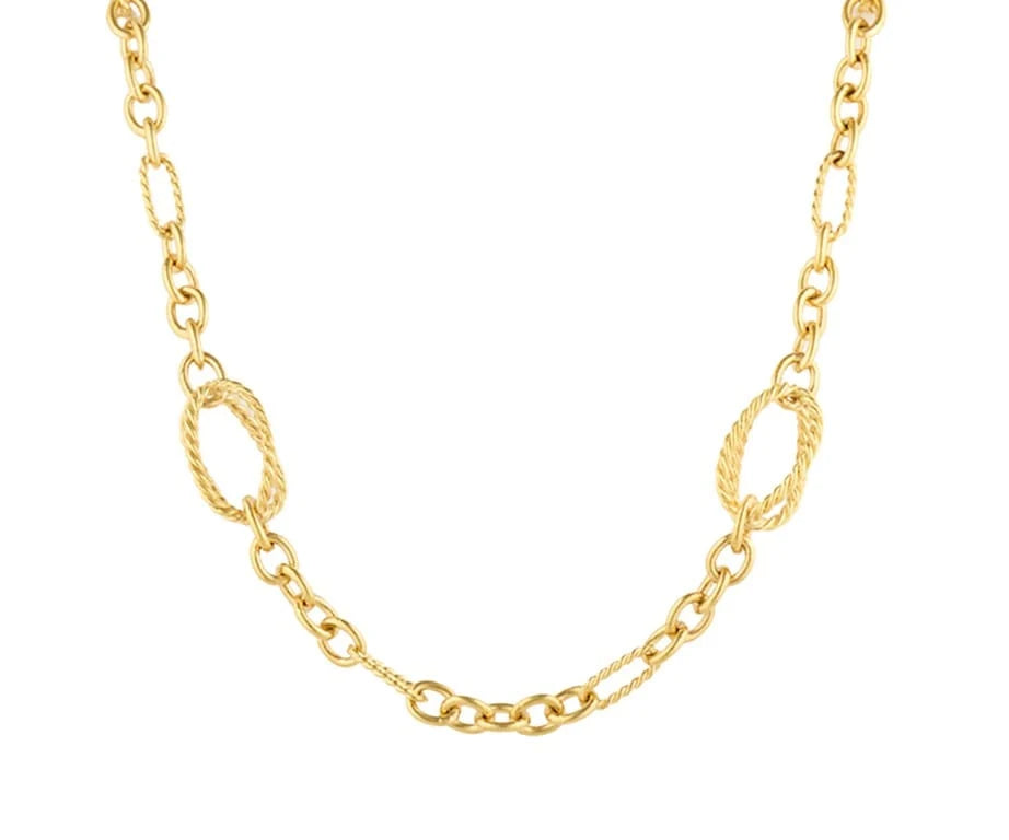 A gold chain necklace featuring alternating smooth oval links and twisted rope-style oval links, displayed on a solid white background.