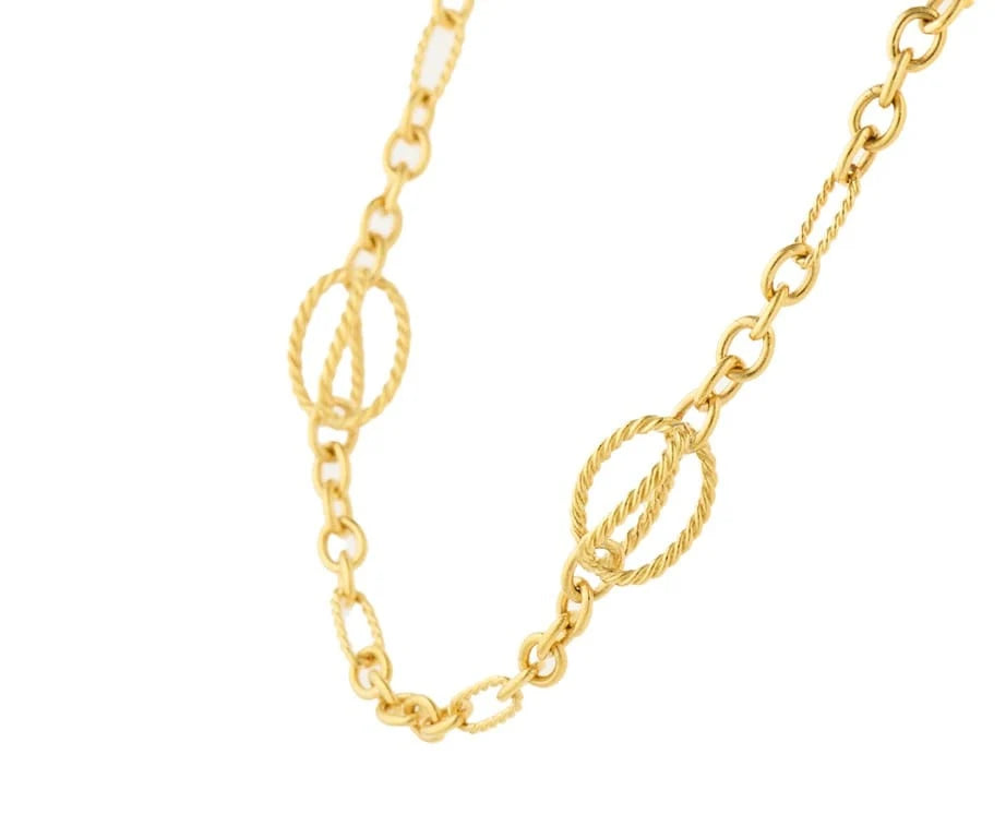 A gold chain necklace featuring alternating twisted rope-style oval links and smooth oval links, displayed on a clean white background.