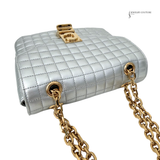 Celine Silver Quilted C Bag – Pre-Owned Calfskin Leather Shoulder Bag with Gold Chain | Authentic Designer Handbag | Luxury Celine Crossbody Purse