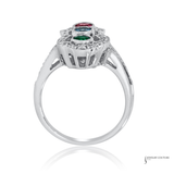 18K White Gold Multi-Gemstone Ring – Emerald, Blue Topaz & Pink Tourmaline with Diamond Halo | Luxury Fine Jewelry Statement Ring | Size 6.5