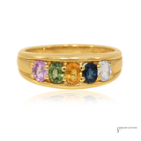 14K Yellow Gold Multi-Gemstone Color Sapphires Band Ring – Rainbow Gemstone Ring with Pink, Green, Yellow, Blue & White Stones | Fine Jewelry | Size 6.75